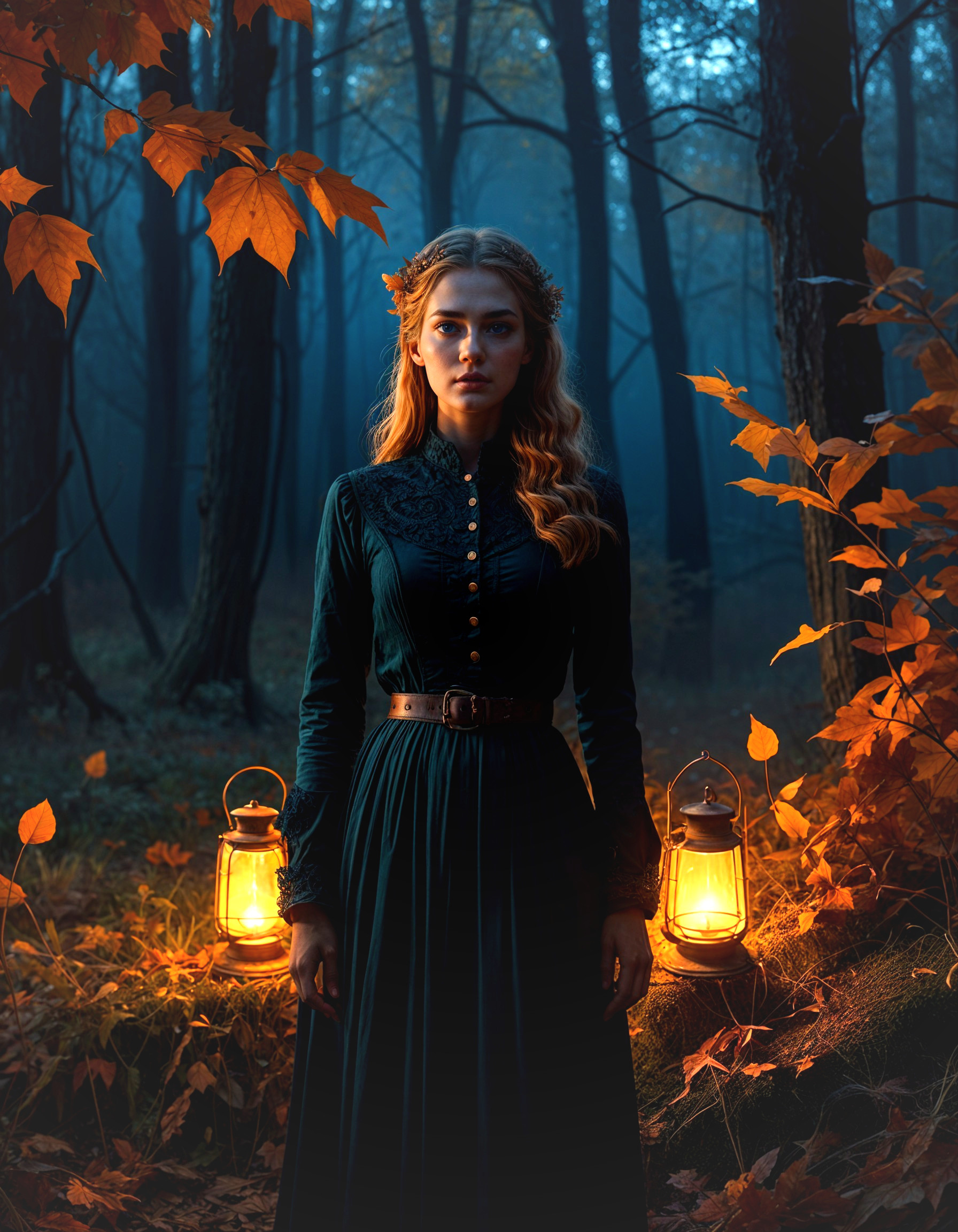 Misty Forest Scene with Glowing Lanterns and Autumn Leaves