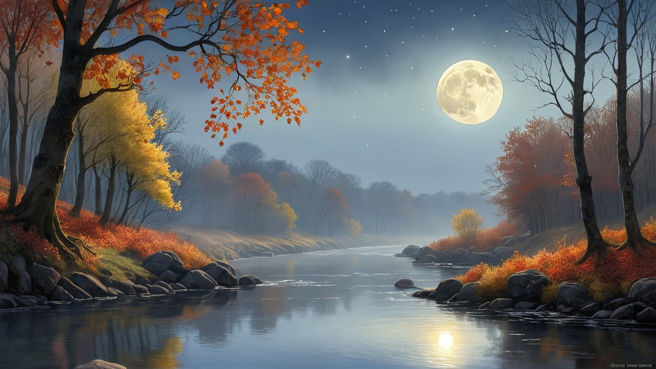 Serene River in Autumn Landscape Under Moonlight