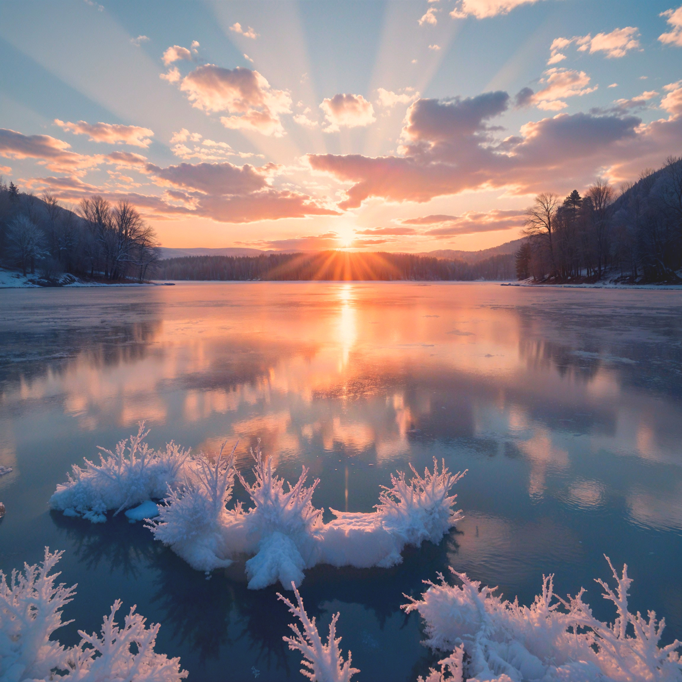 Serene Winter Landscape with Tranquil Lake at Sunrise