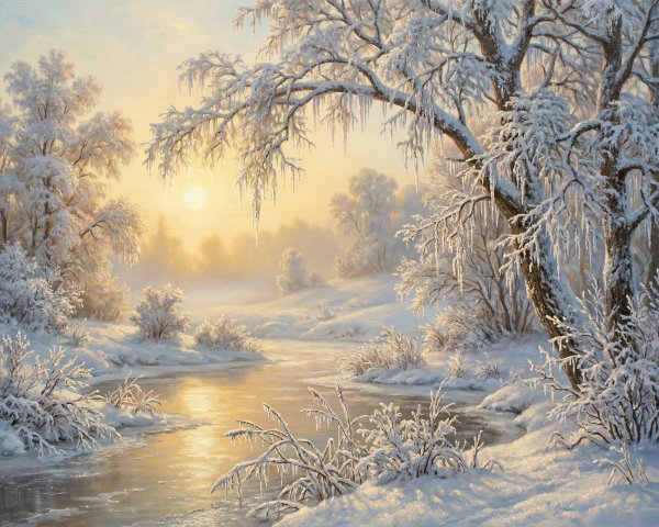Golden-Hour Winter Landscape with Frozen River and Snow