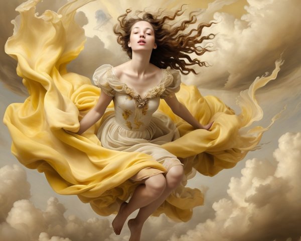 Woman in yellow gown suspended in dreamlike sky