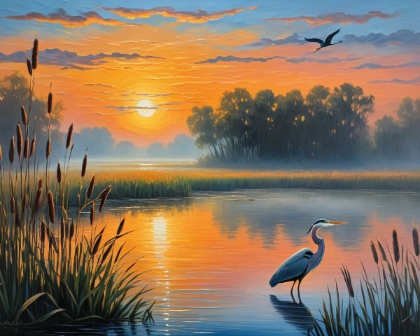 Serene Sunset Landscape with River and Heron Reflection