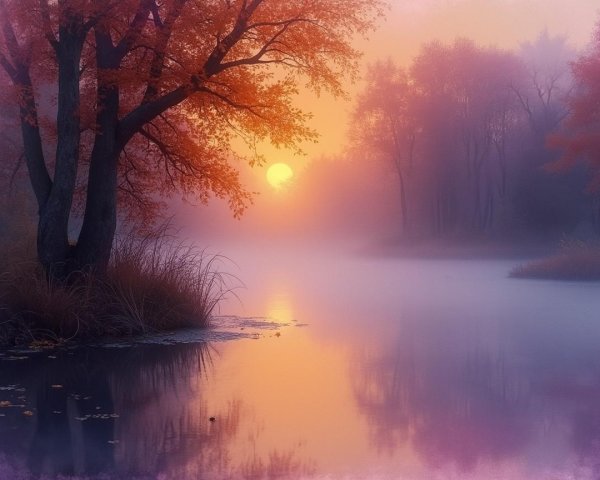 Autumn Landscape with Lake and Sunset Reflections