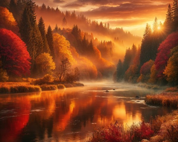 Serene Autumn Landscape with Winding River and Foliage