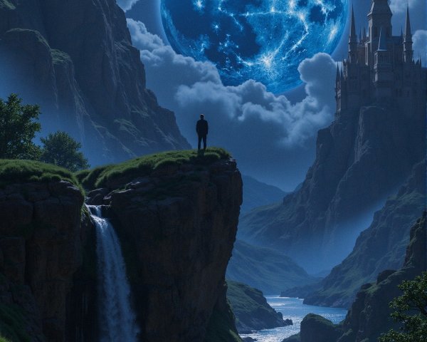 Majestic Castle in a Fantasy Landscape with Waterfall