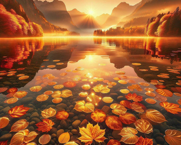 Serene Sunset Landscape with Lake and Mountains