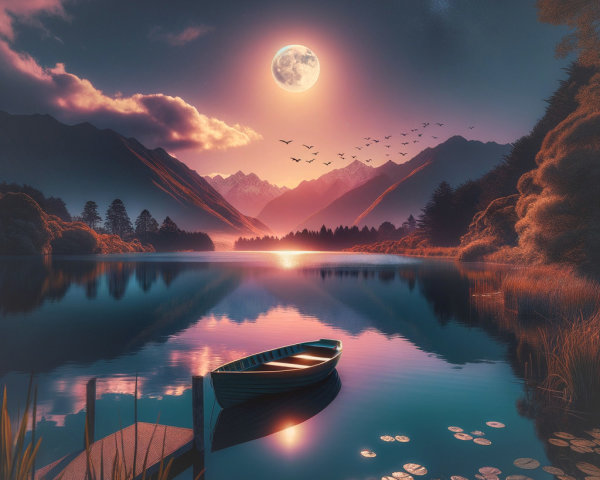 Serene Lake at Sunset with Boat and Mountains
