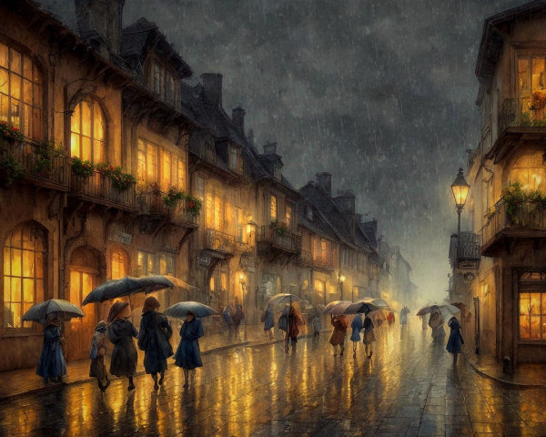 Scenic Oil Painting of a Rainy European Town at Night