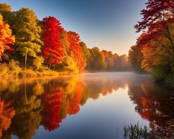 Autumn River Landscape with Vibrant Foliage Reflection