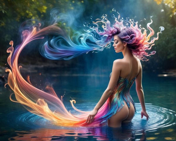 Vibrant Figure in Tranquil Waters with Colorful Hair