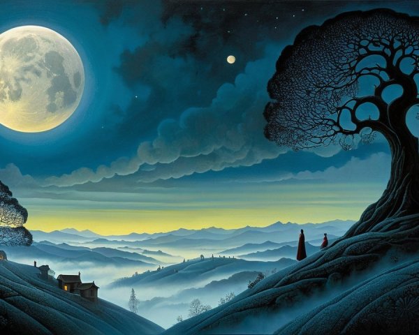Twilight Landscape with Ornate Tree and Village