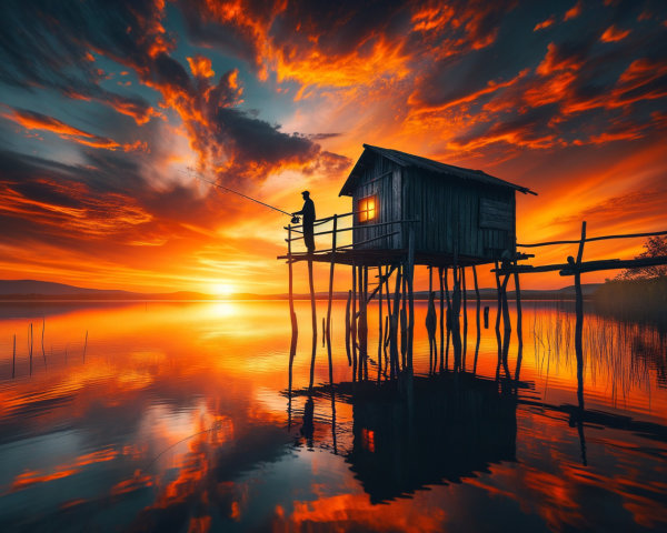 Serene Lakeside Evening with Sunset and Fishing Hut