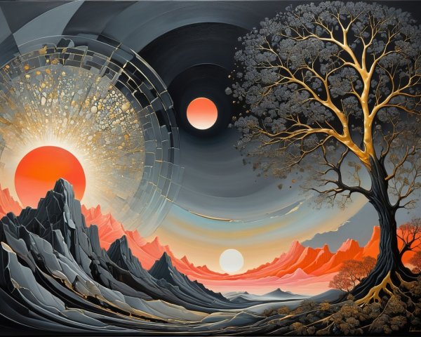 Surreal Landscape with Bold Mountains and Golden Tree