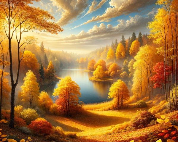Autumn Landscape with Lake and Colorful Foliage