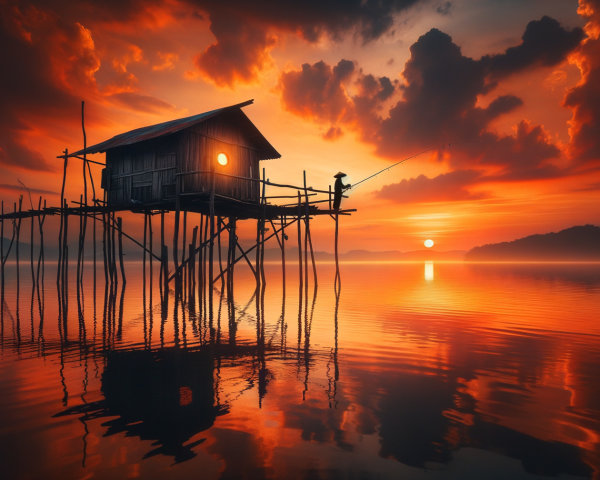 Solitary Fishing Hut at Sunset Over Calm Waters