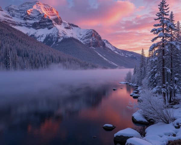 Winter Landscape with Misty Lake and Sunset Sky