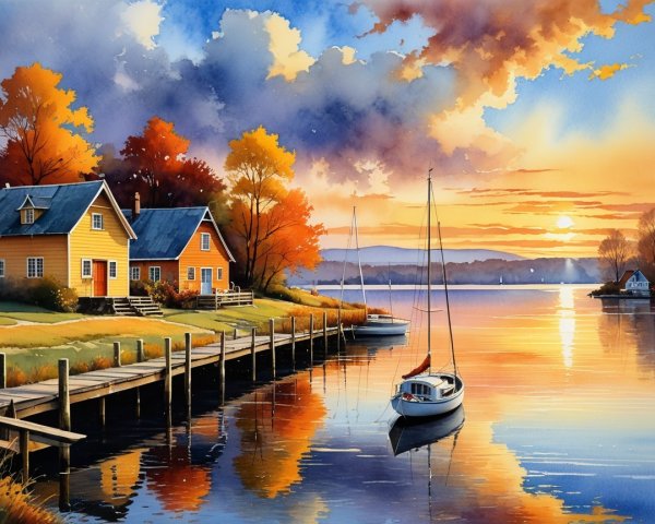 Autumn Scene with Cottages and Calm Lake Reflections