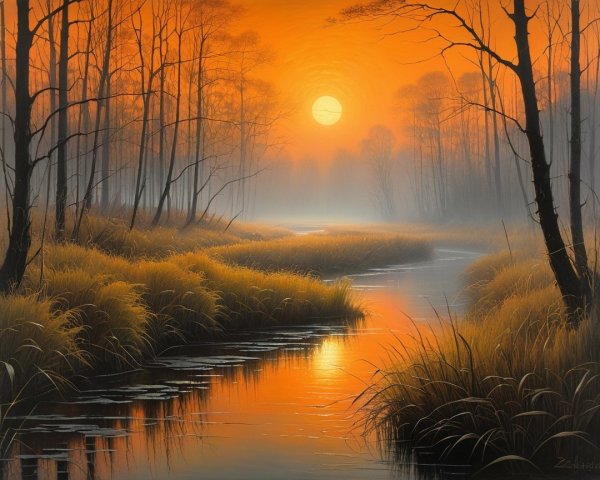 Serene Sunset Landscape with River and Mist