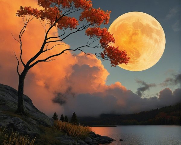 Serene Landscape with Autumn Tree by Tranquil Lake