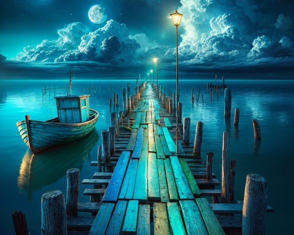 Tranquil Night Scene with Pier and Moonlit Waters