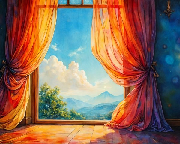 Colorful Window View of Rolling Hills and Mountains