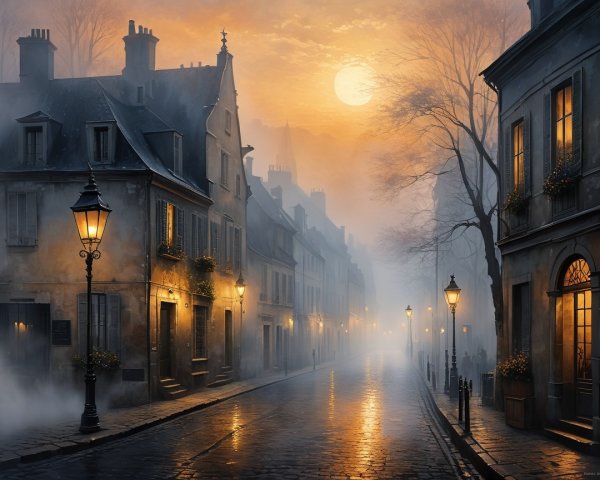 Foggy Dawn Street Scene with Vintage Architecture