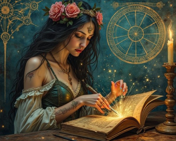 Mystical woman with roses and glowing symbols in book