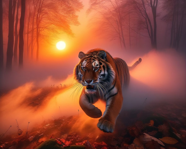 Majestic tiger in misty forest at sunset glow