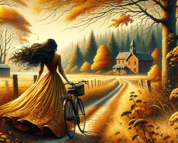 Woman in Golden Dress on Autumn Path with Bicycle