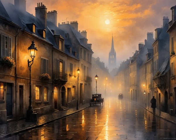 Twilight Street Scene with Gothic Church and Warm Glow