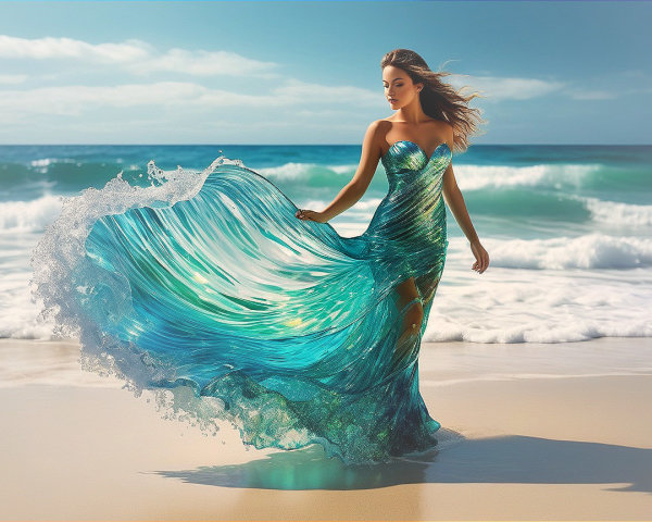 Woman in Turquoise Gown on Sandy Beach by Waves
