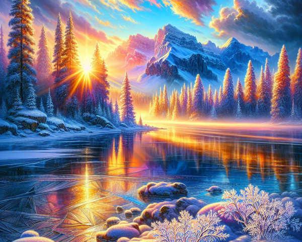 Winter Landscape with Snowy Trees and Sunset Reflections