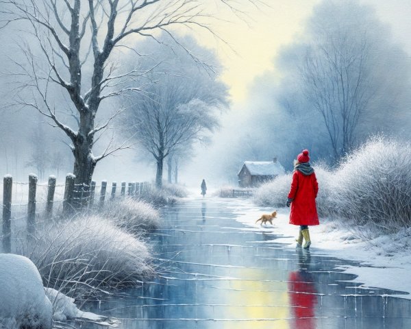 Winter Landscape with Person, Dog, and Cabin