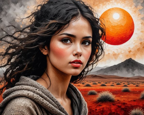Young woman in desert landscape at sunset