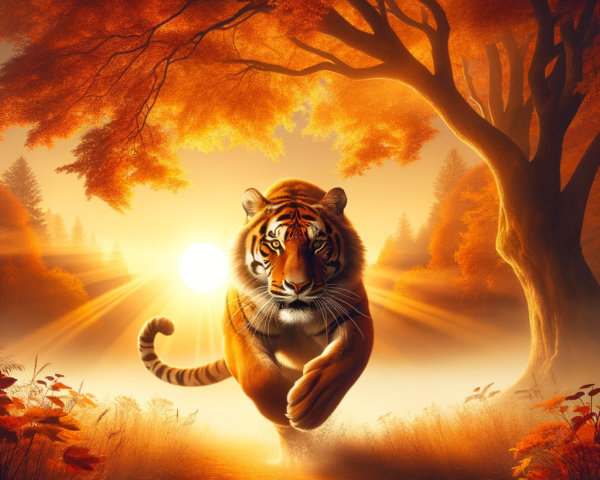 Tiger Running in Vibrant Autumn Landscape at Sunset