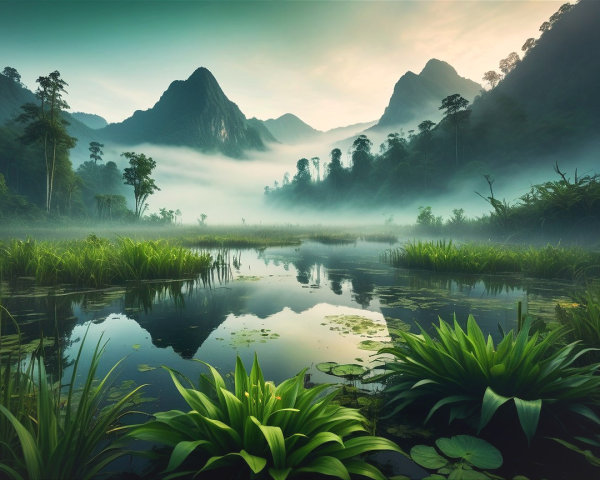 Tranquil Landscape with Water and Lush Greenery
