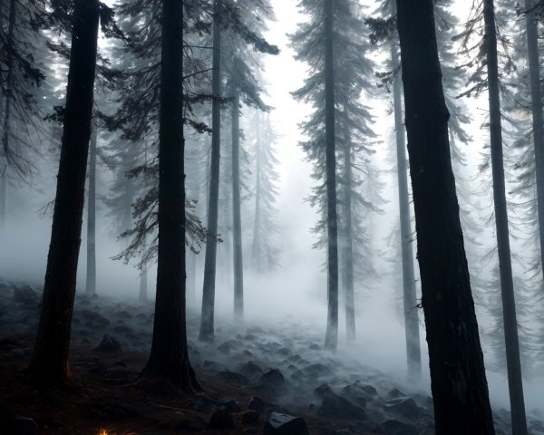 Misty Forest Scene with Pine Trees and Soft Fire Glow