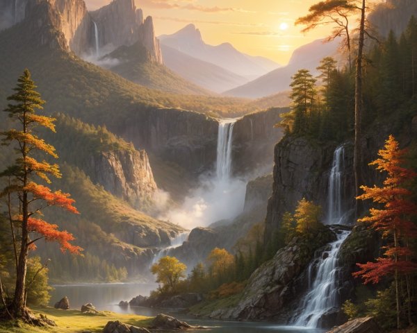 Majestic Mountains and Waterfalls in Autumn Landscape