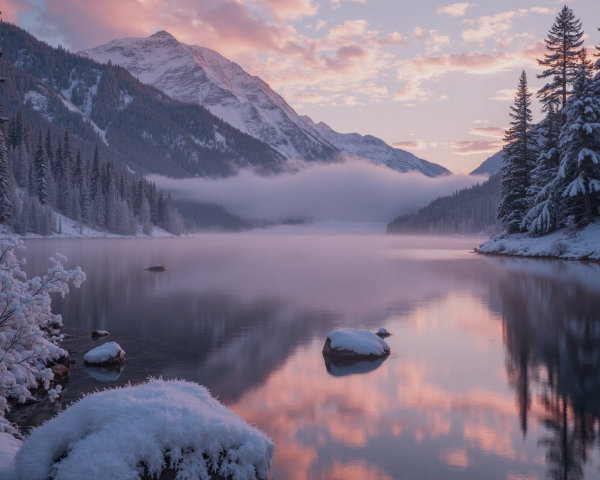 Serene Winter Landscape with Tranquil Lake and Mountains