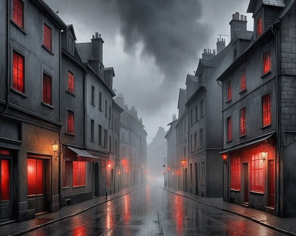 Moody Street Scene with Dim Lights and Misty Atmosphere