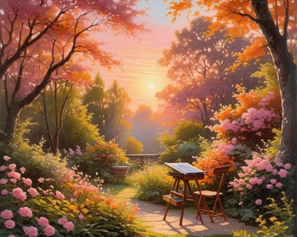 Serene garden at sunrise with autumn foliage and flowers
