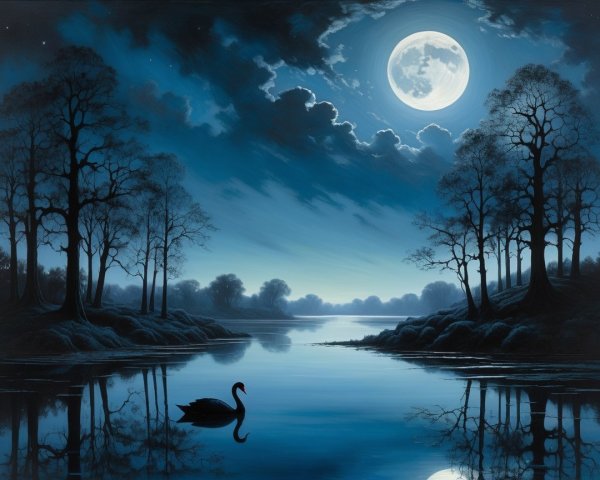 Serene Night Scene with Moonlit Lake and Swan