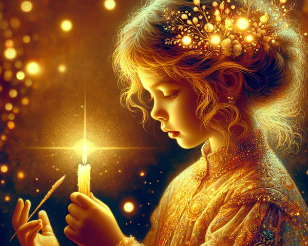 Child in Golden Dress Holding Candle and Feather