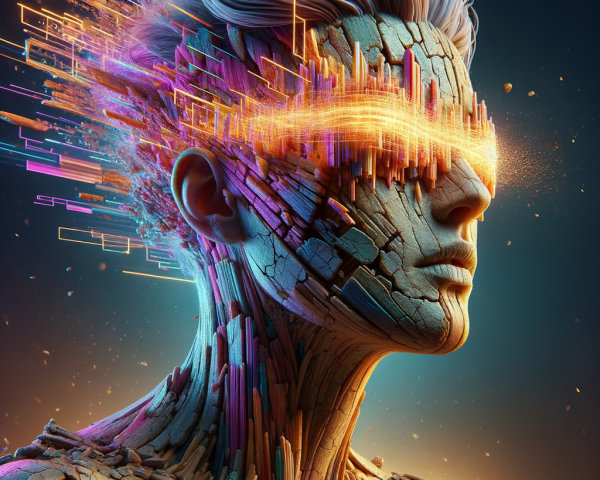 Futuristic Humanoid Figure with Fragmented Head Design