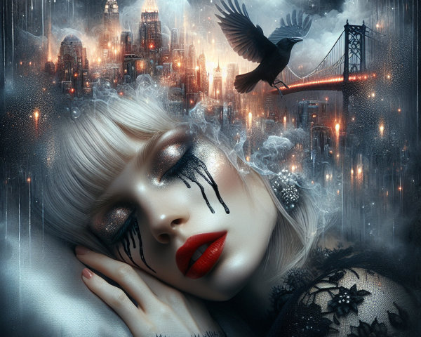 Surreal Scene of Woman with Red Lips and Silver Hair