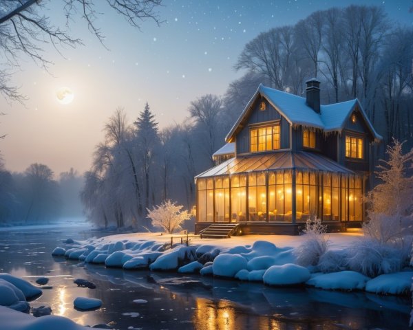 Charming House by Icy River in Winter Landscape