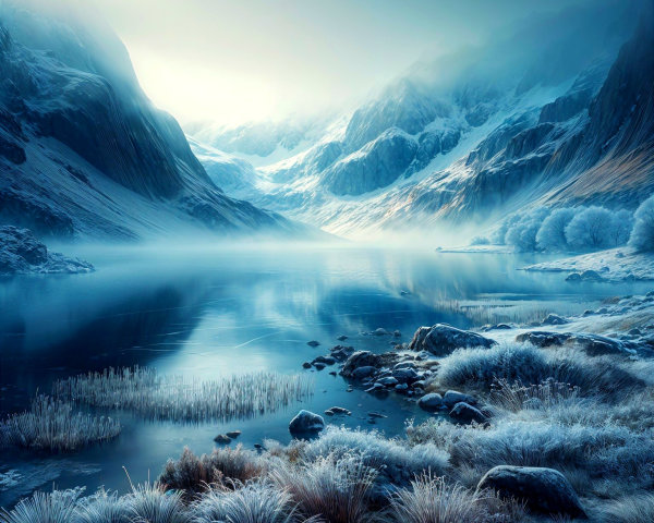 Tranquil Icy Landscape with Snow-Capped Mountains