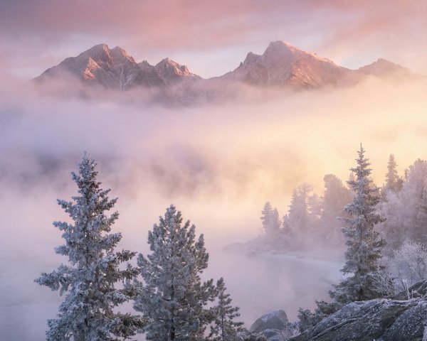 Majestic Winter Wonderland Landscape with Snow-Capped Mountains