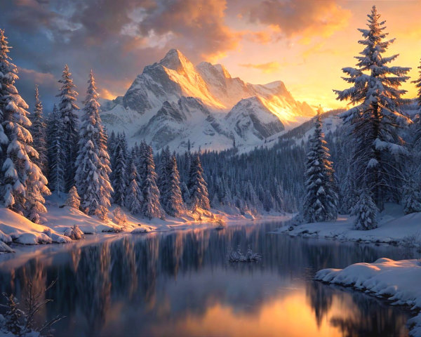 Tranquil Winter Sunset Over Snowy Landscape and Lake