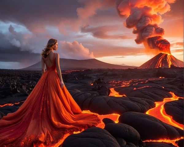 Woman in Orange Gown Against Erupting Volcano Backdrop